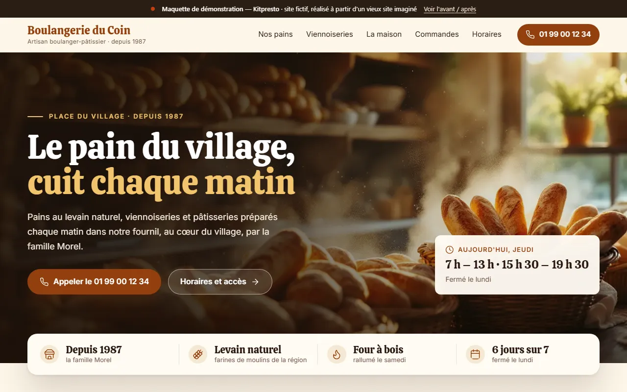 La maquette de la même boulangerie refaite par KitPresto : grande photo, horaires du jour, bouton d'appel