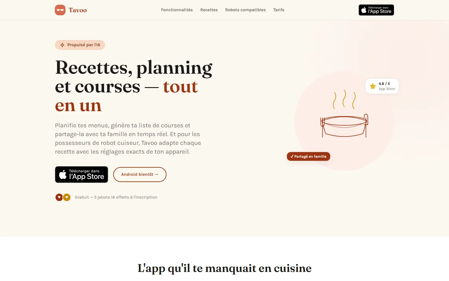 Page d'accueil du site Tavoo, application de recettes pour robot cuiseur