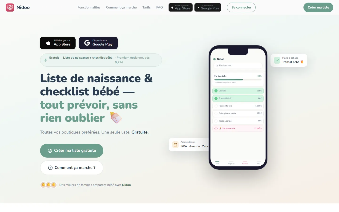 Page d'accueil du site Nidoo, avec l'aperçu d'une liste de naissance sur téléphone