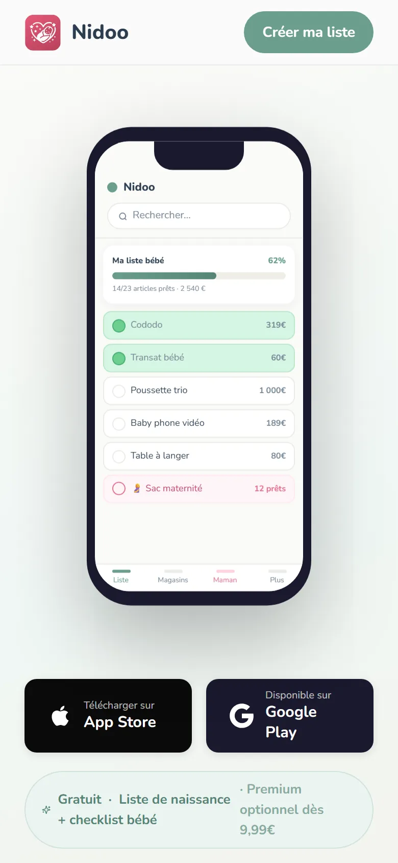 Application mobile Nidoo affichant une liste de naissance avec sa progression