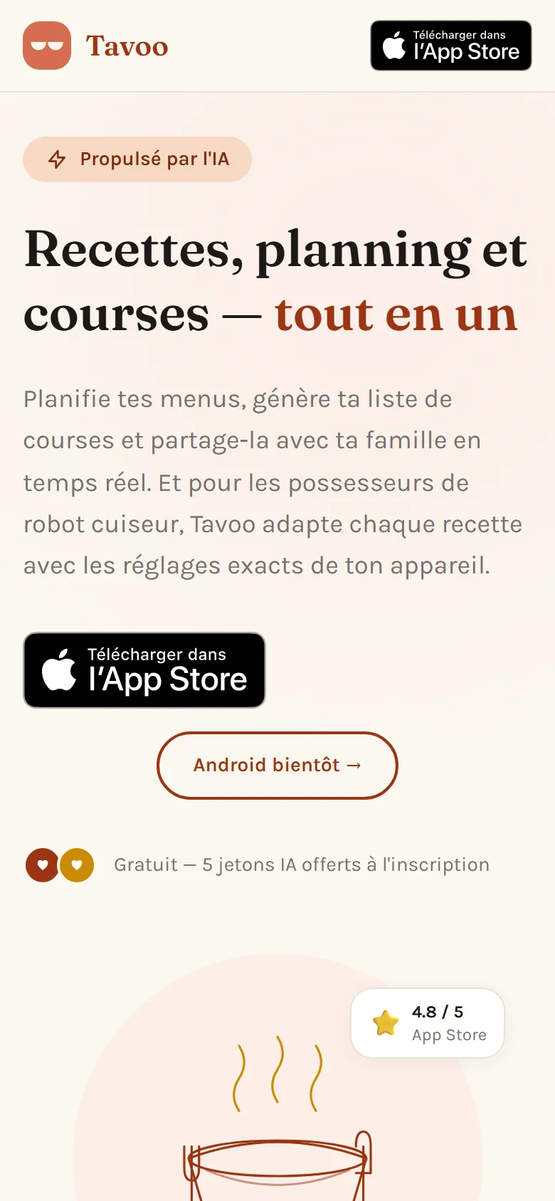Page d'accueil du site Tavoo affichée sur téléphone