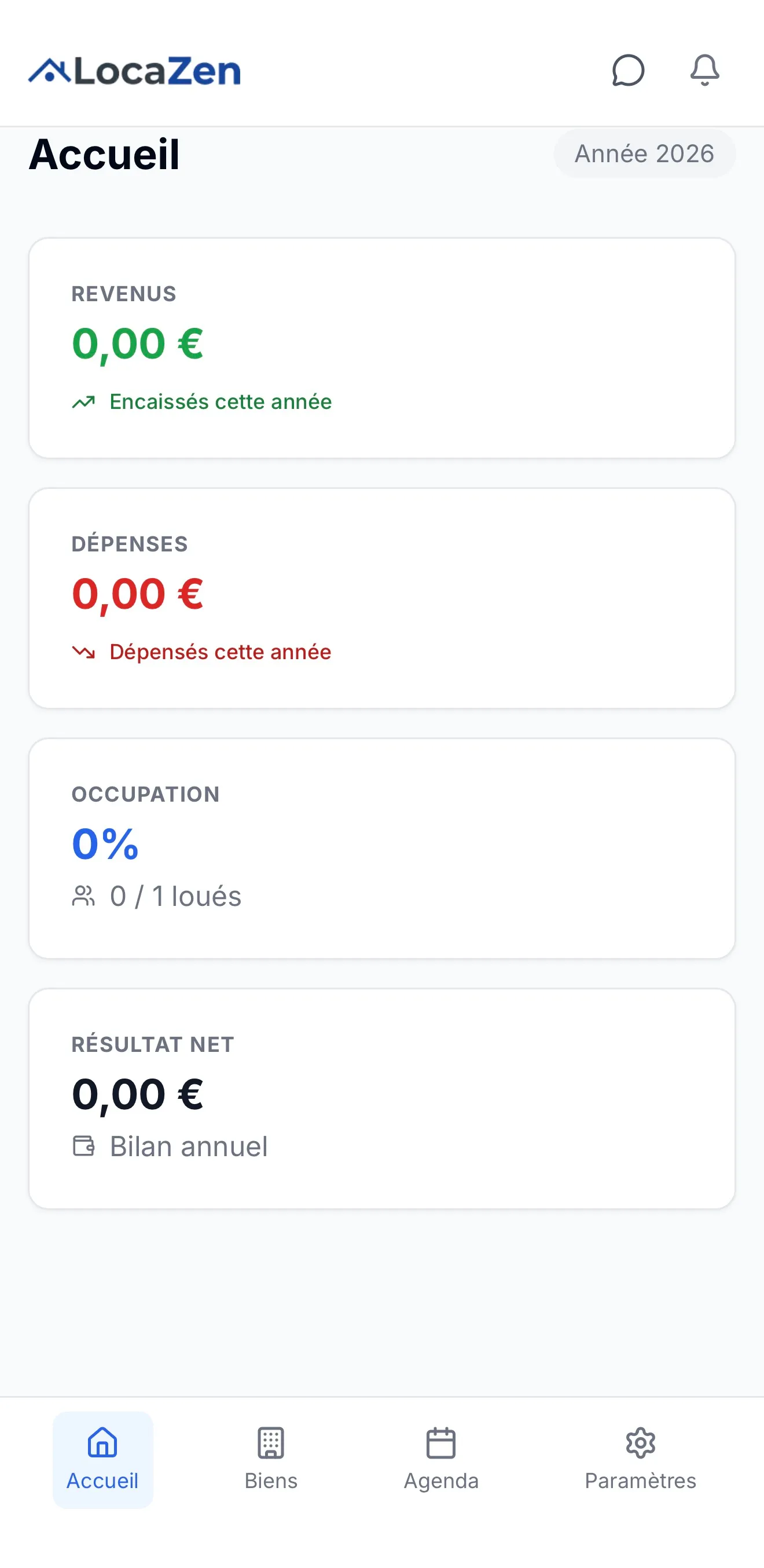 Tableau de bord LocaZen sur téléphone, avec revenus, dépenses et taux d'occupation