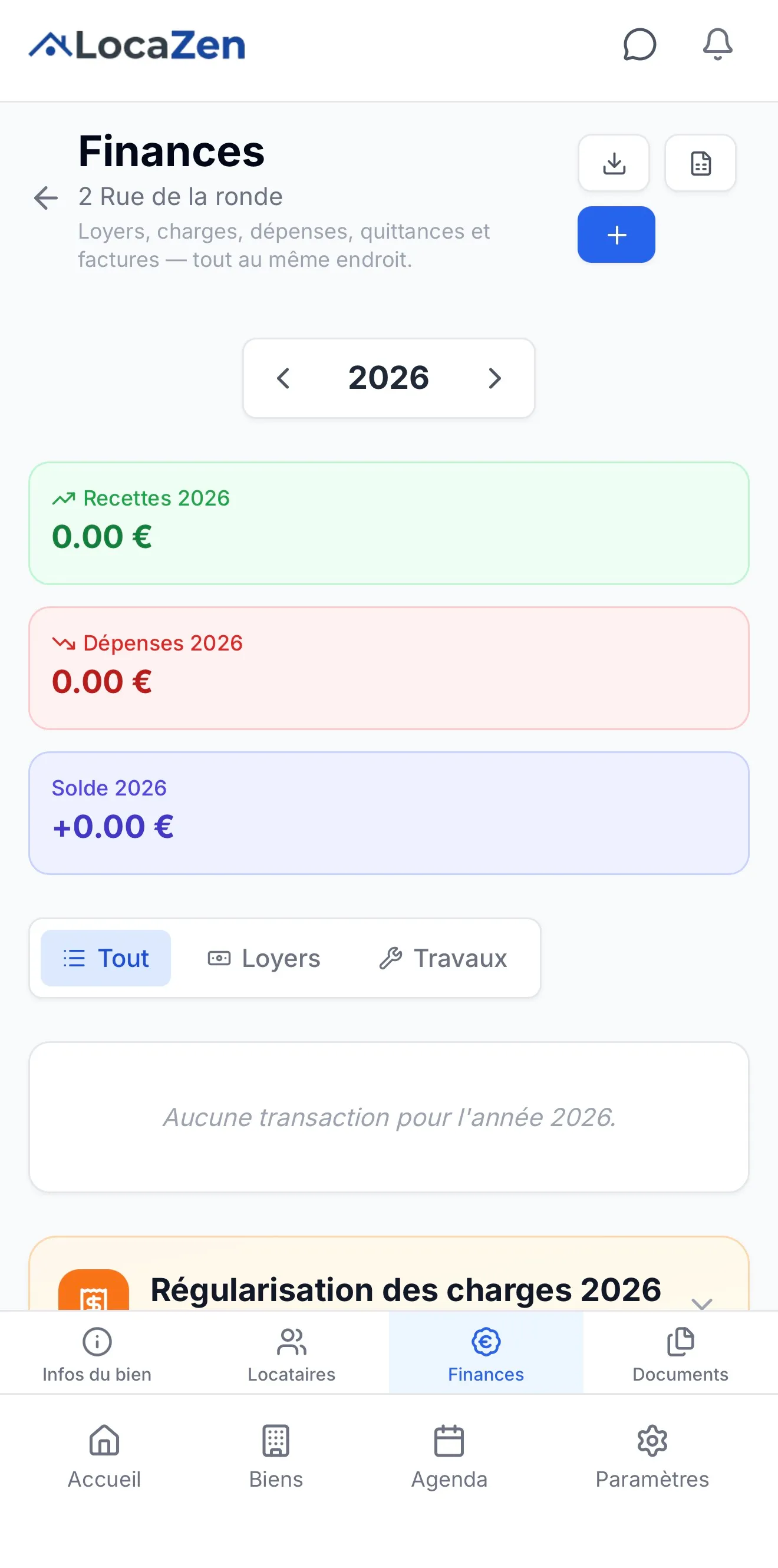 Écran des finances d'un bien dans l'application LocaZen sur téléphone